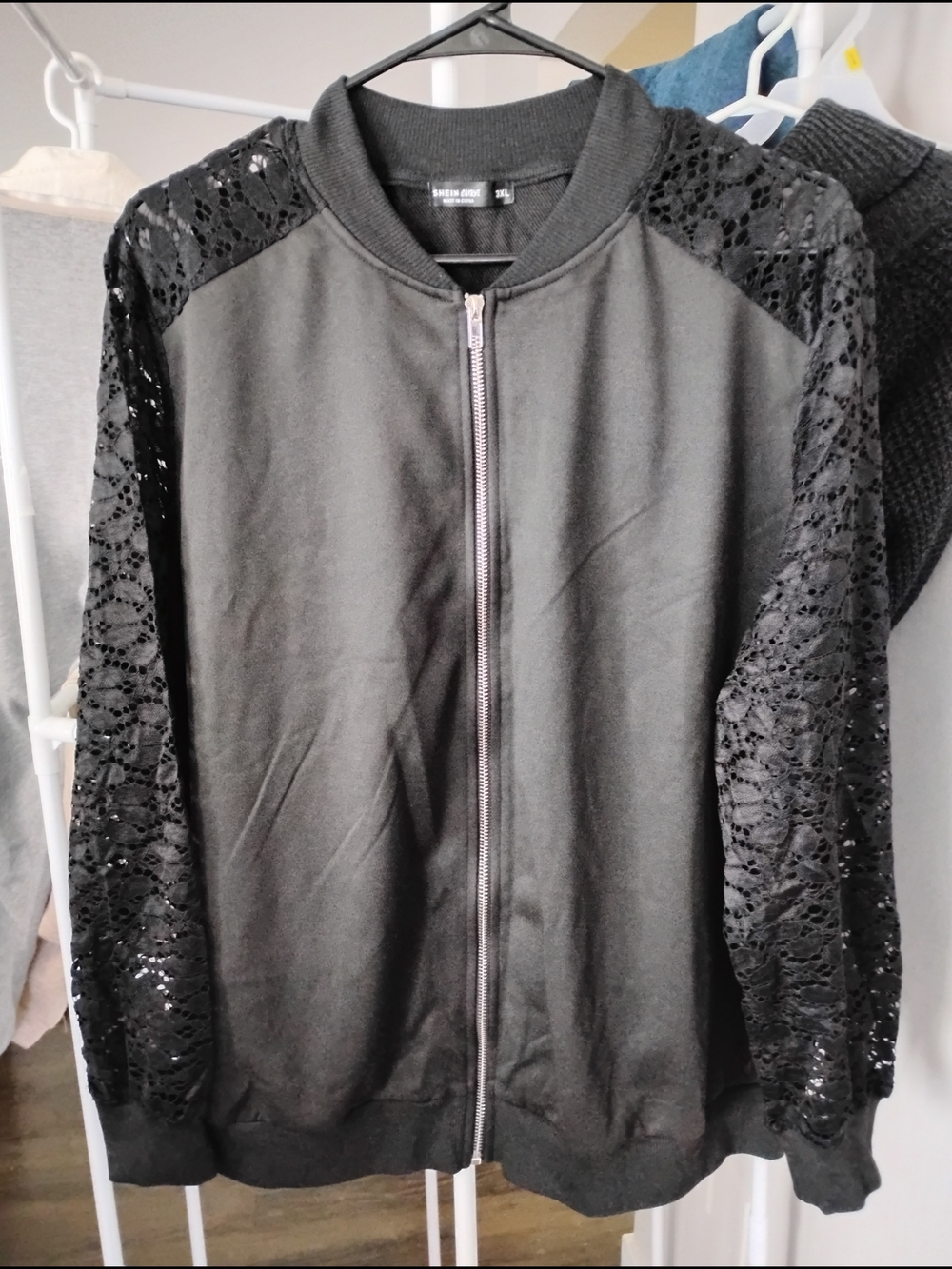 SHEIN Women Baseball Collar Zip Up Front Black Lace-Sleeve Casual Bomber Jacket